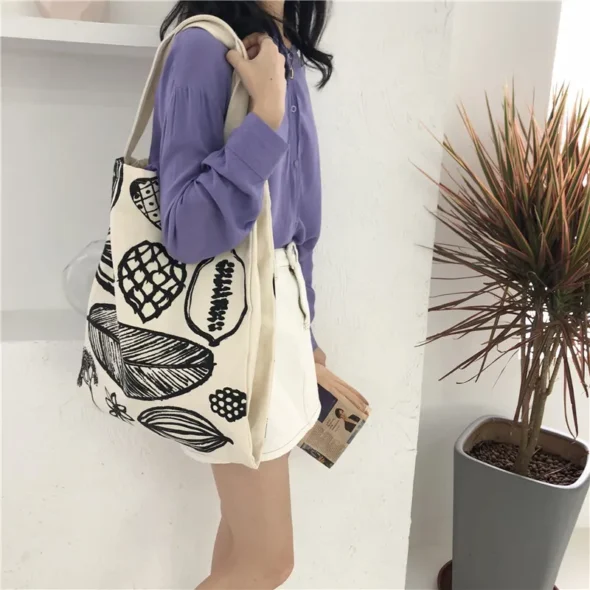 Große Damen Canvas Schultertasche – Blätter-Print – Einkaufstasche – Umweltfreundliche Baumwolltasche