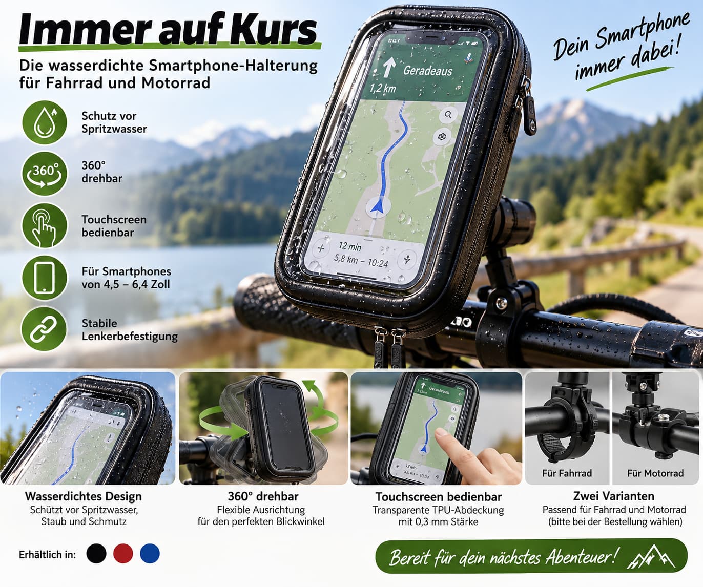 Wasserdichte Handyhalterung für Fahrrad und Motorrad mit 360° Drehung