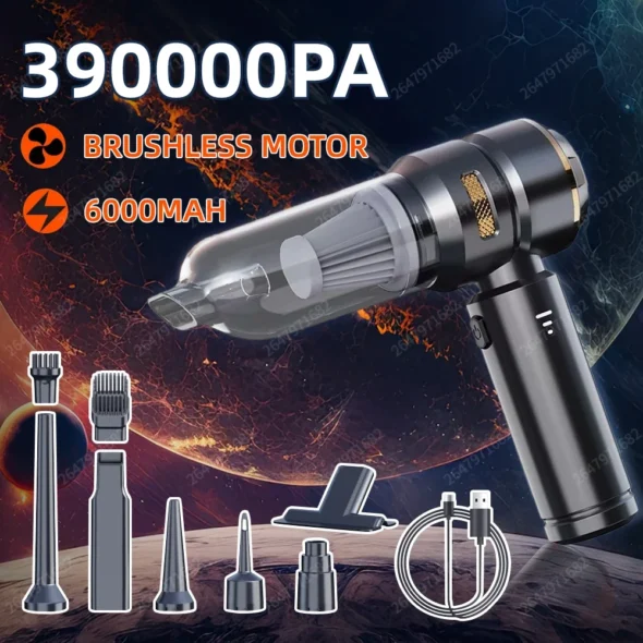 Tragbarer Akku-Staubsauger mit verschiedenen Aufsätzen.