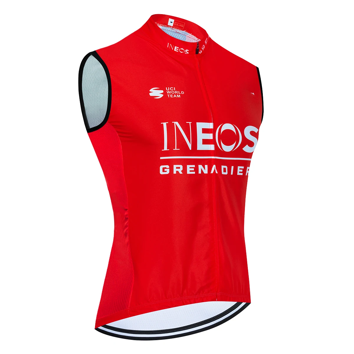 Rotes ärmelloses Radtrikot mit weißen Logos.