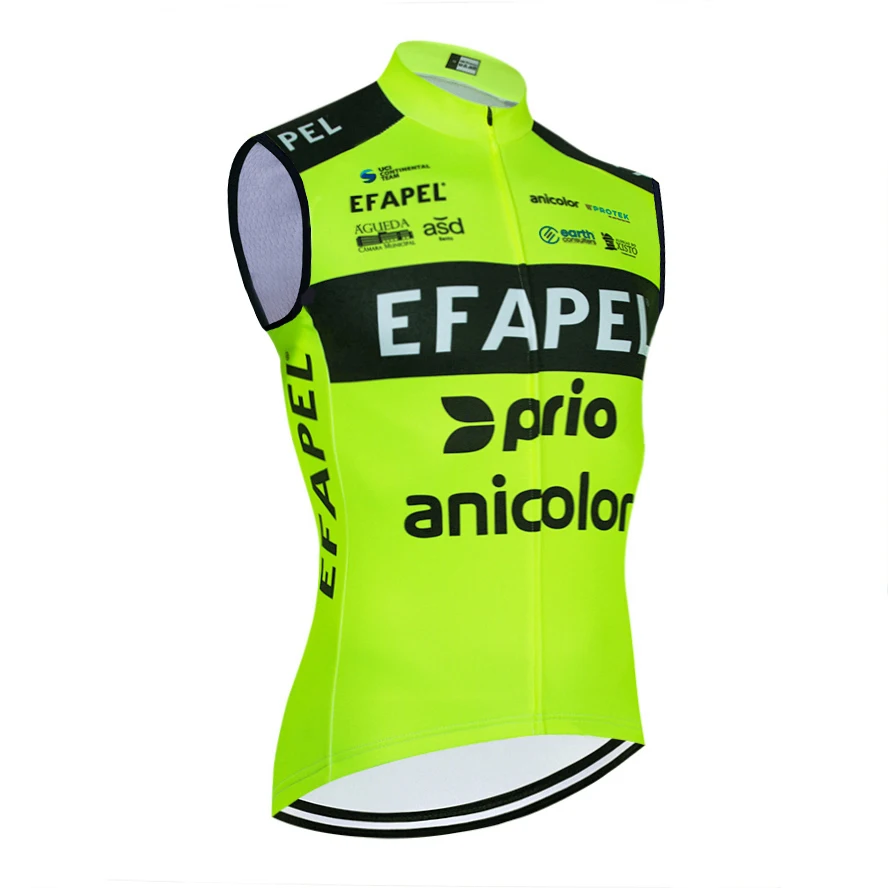 Neongelbes ärmelloses Radtrikot mit Sponsorenlogos.