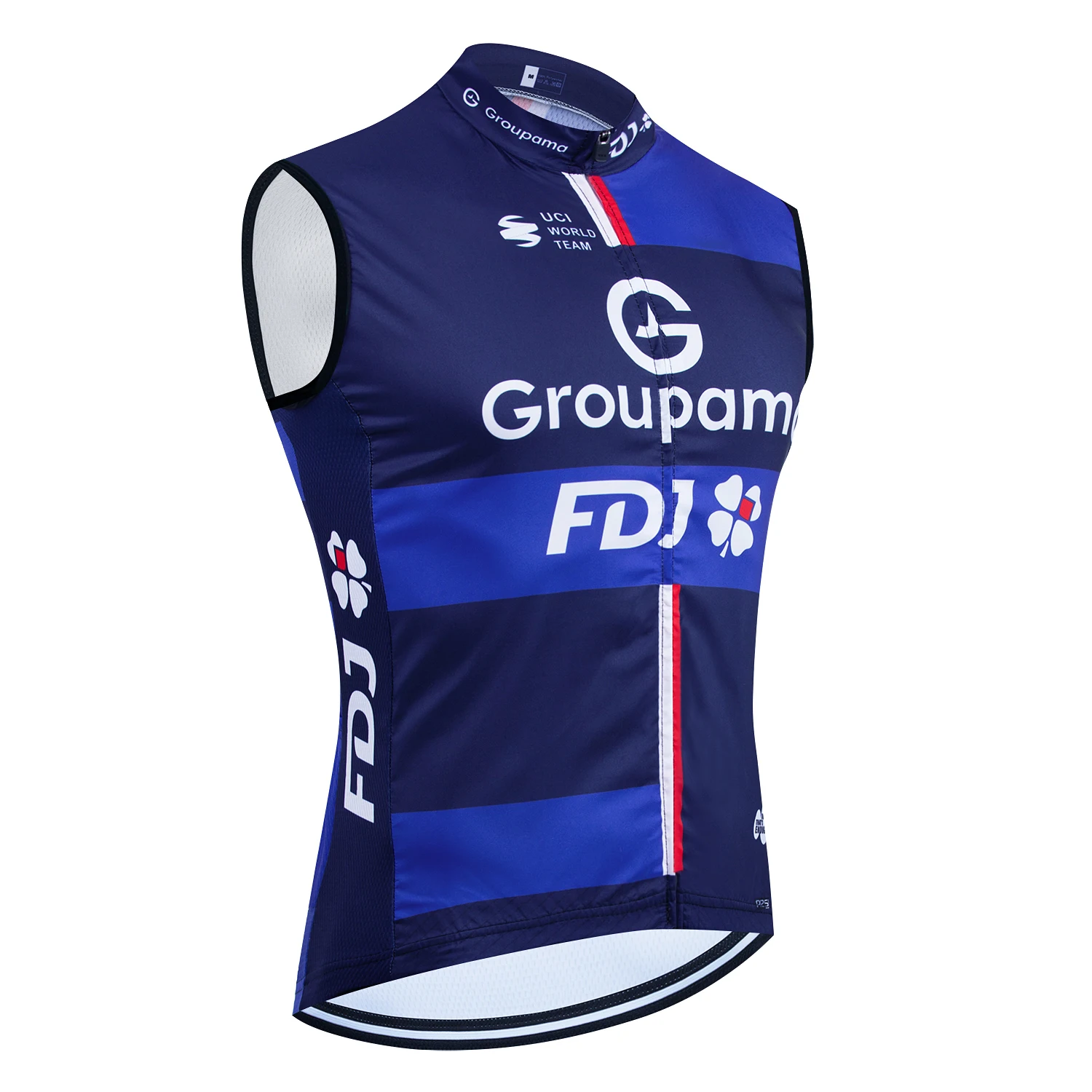 Blaues ärmelloses Radtrikot mit Logos.