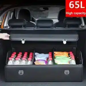 Kofferraum-Organizer mit Flaschen und Snacks, 65L Kapazität.