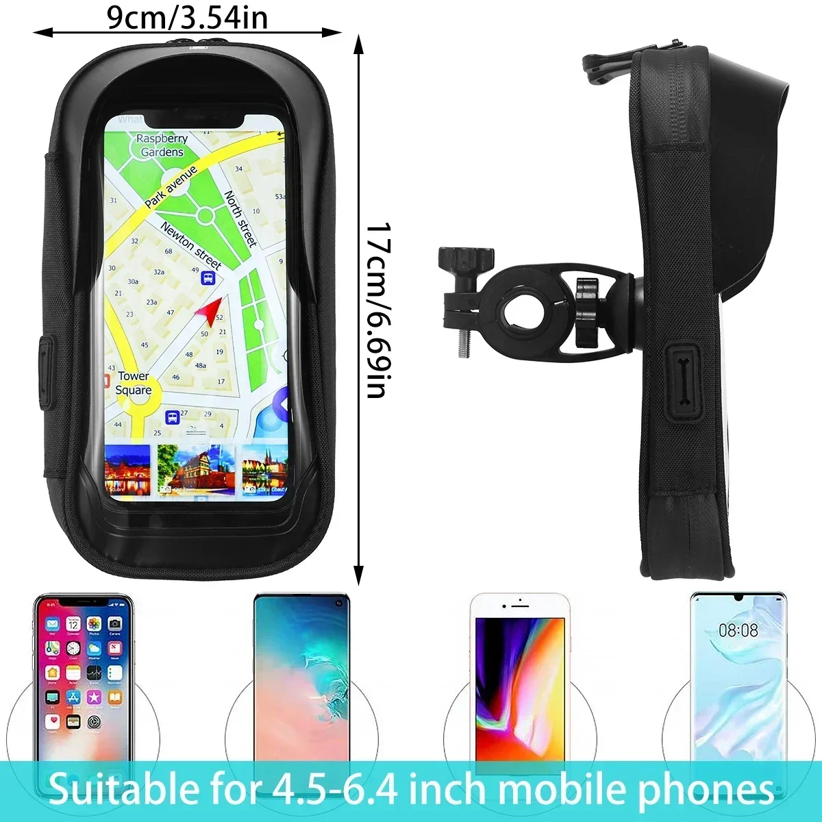 Smartphone-Halterung mit GPS und Größenangaben.