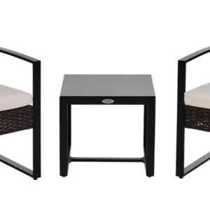 Zwei Rattanstühle und ein Tisch, schwarz-braun.