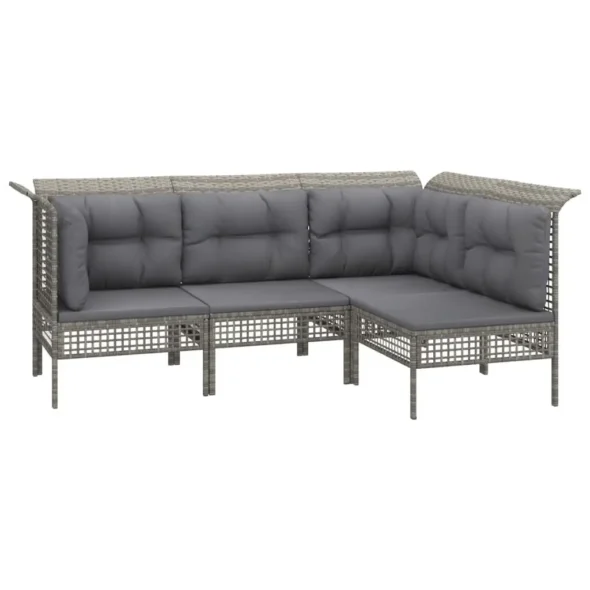 Ecksofa mit grauen Kissen, Rattan-Optik