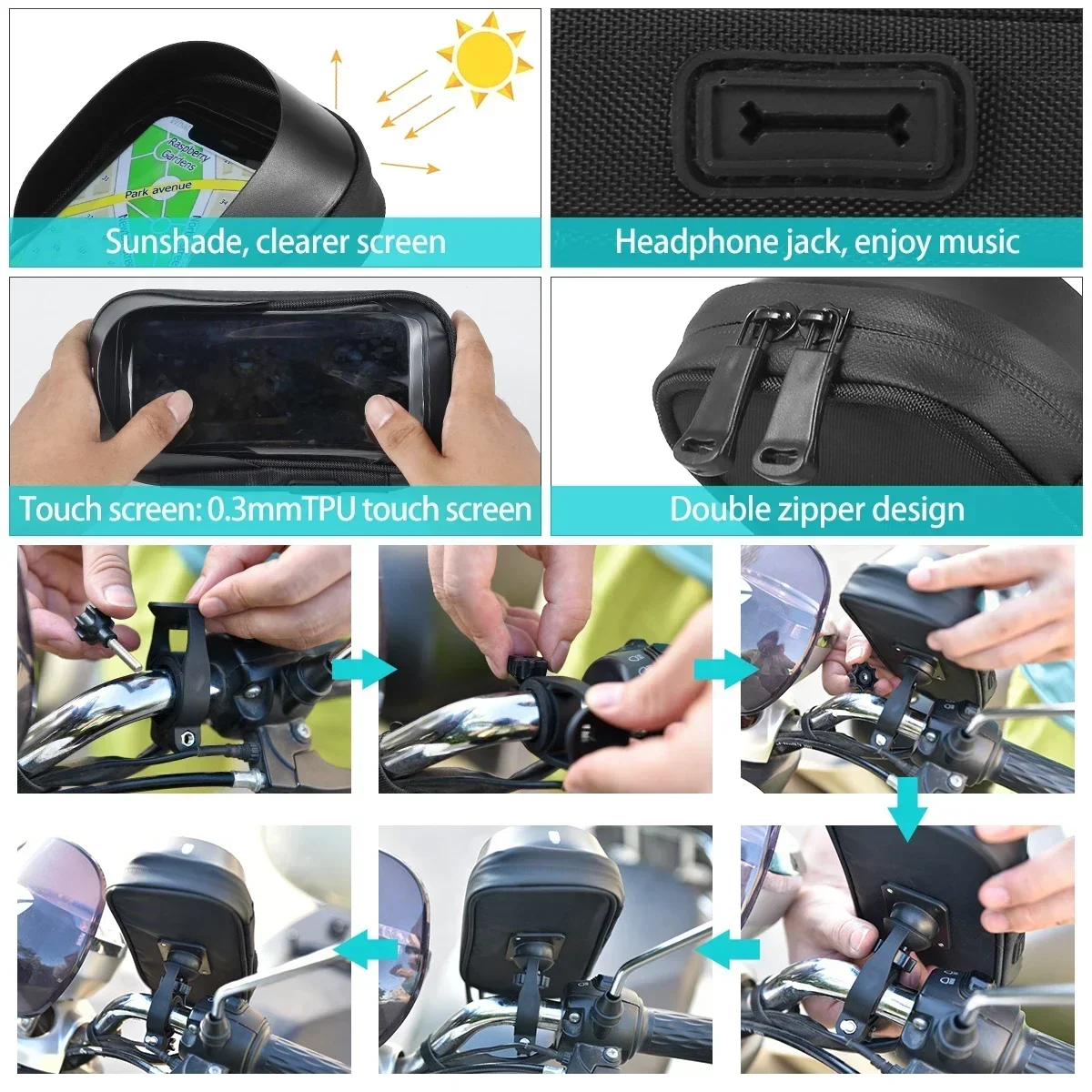 Fahrrad-Handyhalterung mit Sonnenschutz und doppeltem Reißverschluss