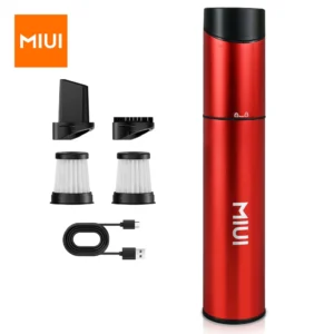 Roter tragbarer Staubsauger mit Zubehör und USB-Kabel.