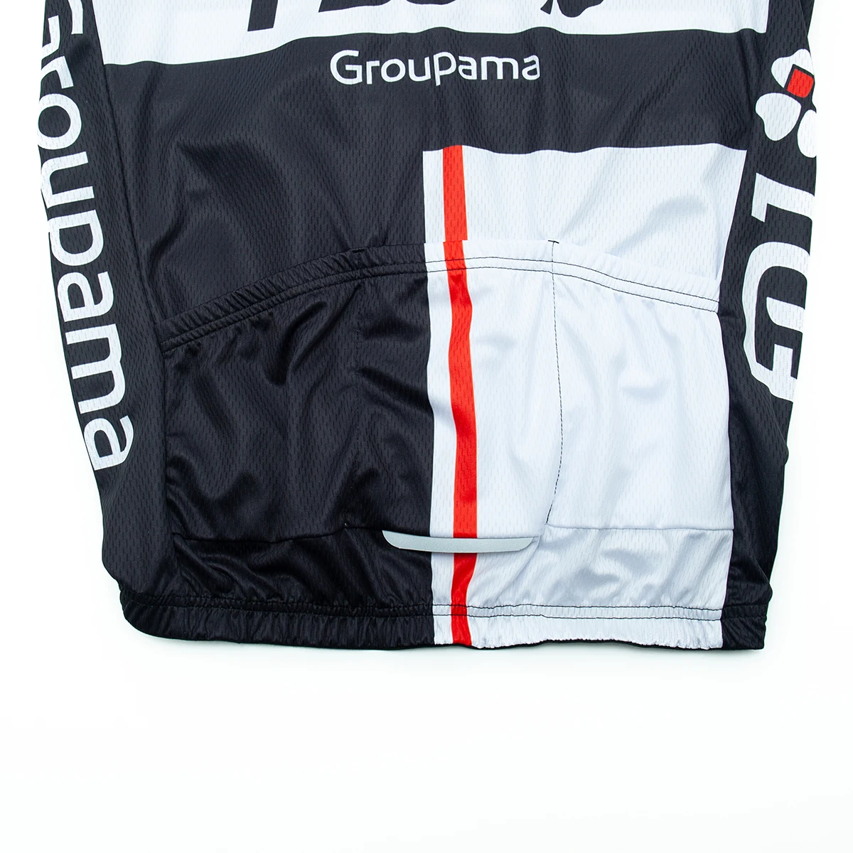 Radsport-Trikot mit Sponsorenlogos und roten Streifen