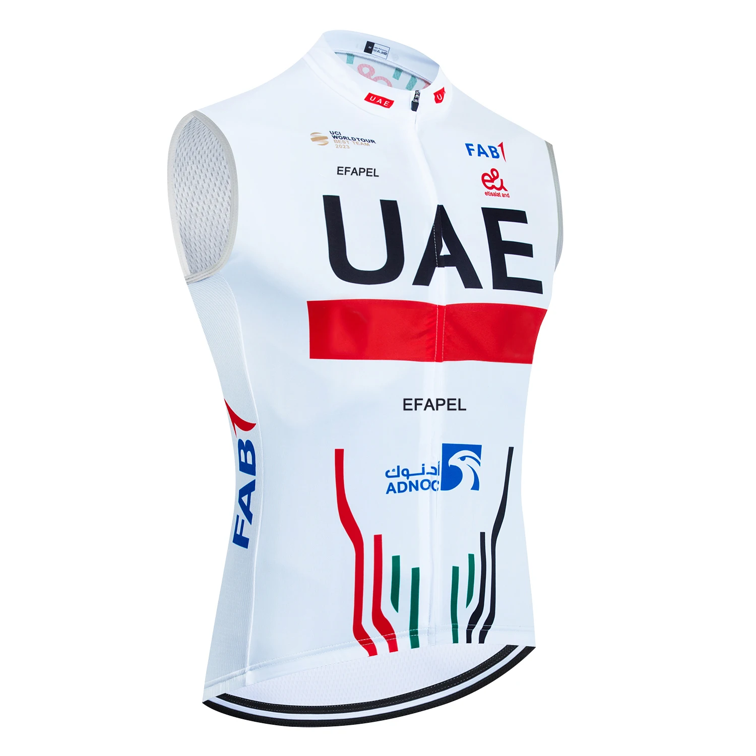 Ärmelloses UAE-Fahrradtrikot in Weiß und Rot.