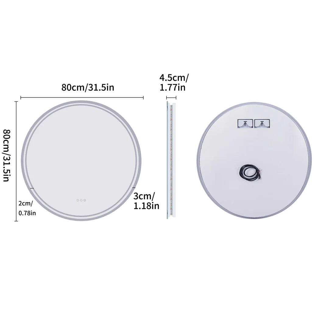 Rundes LED-Panel mit Maßen und Rückseite.