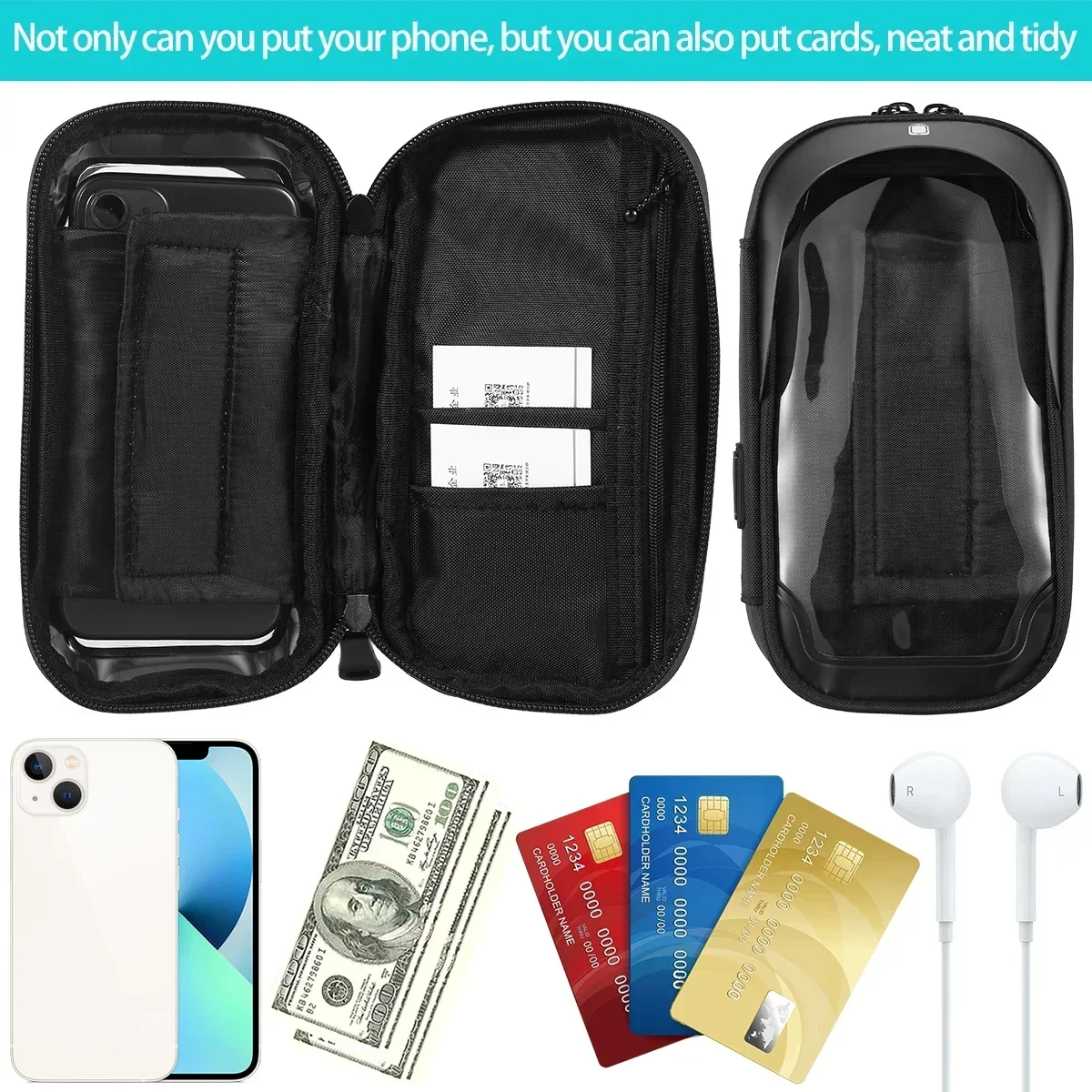 Smartphone-Tasche mit Kreditkartenfächern und Zubehör.