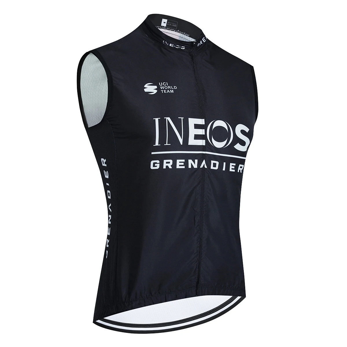 Ärmellose schwarze Radweste mit Logos.