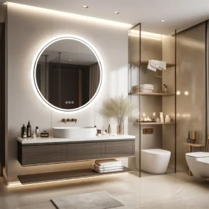Modernes Badezimmer mit rundem Spiegel.