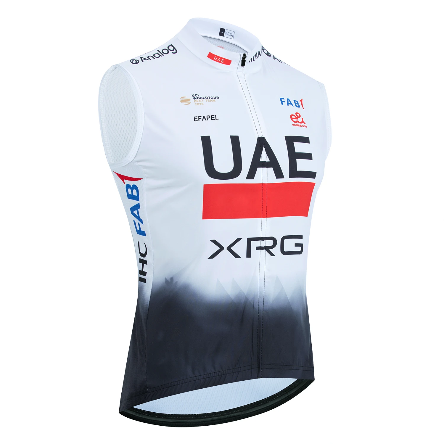 Ärmelloses UAE-Radtrikot in Weiß und Schwarz.
