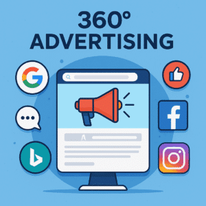 360° Werbung mit sozialen Medien Symbolen.