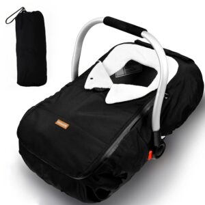 Schwarzer Kinderwagen mit Abdeckung und Tragetasche.