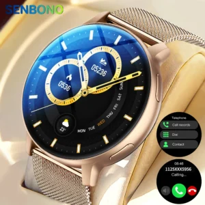 Moderne Smartwatch mit goldfarbenem Armband, Display-Interface.