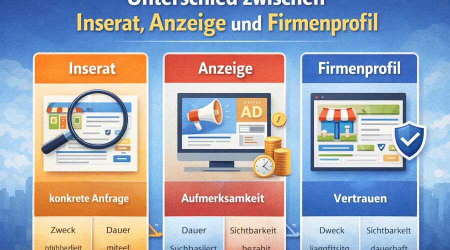 Unterschied zwischen Inserat, Anzeige und Firmenprofil?