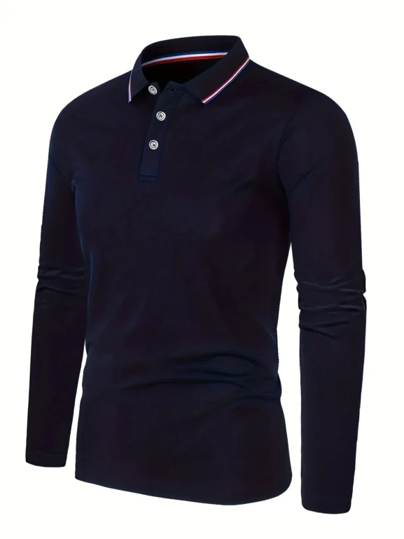 Dunkelblaues Langarm-Polohemd mit Knopfleiste.
