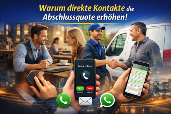 Menschen im direkten Gespräch, Händedruck sowie Smartphone mit Anruf- und WhatsApp-Kontakt zeigen, wie direkter Kundenkontakt Vertrauen aufbaut und die Abschlussquote erhöht