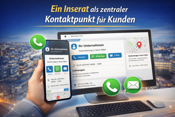 Smartphone und Monitor mit Unternehmensprofil und Kontaktoptionen