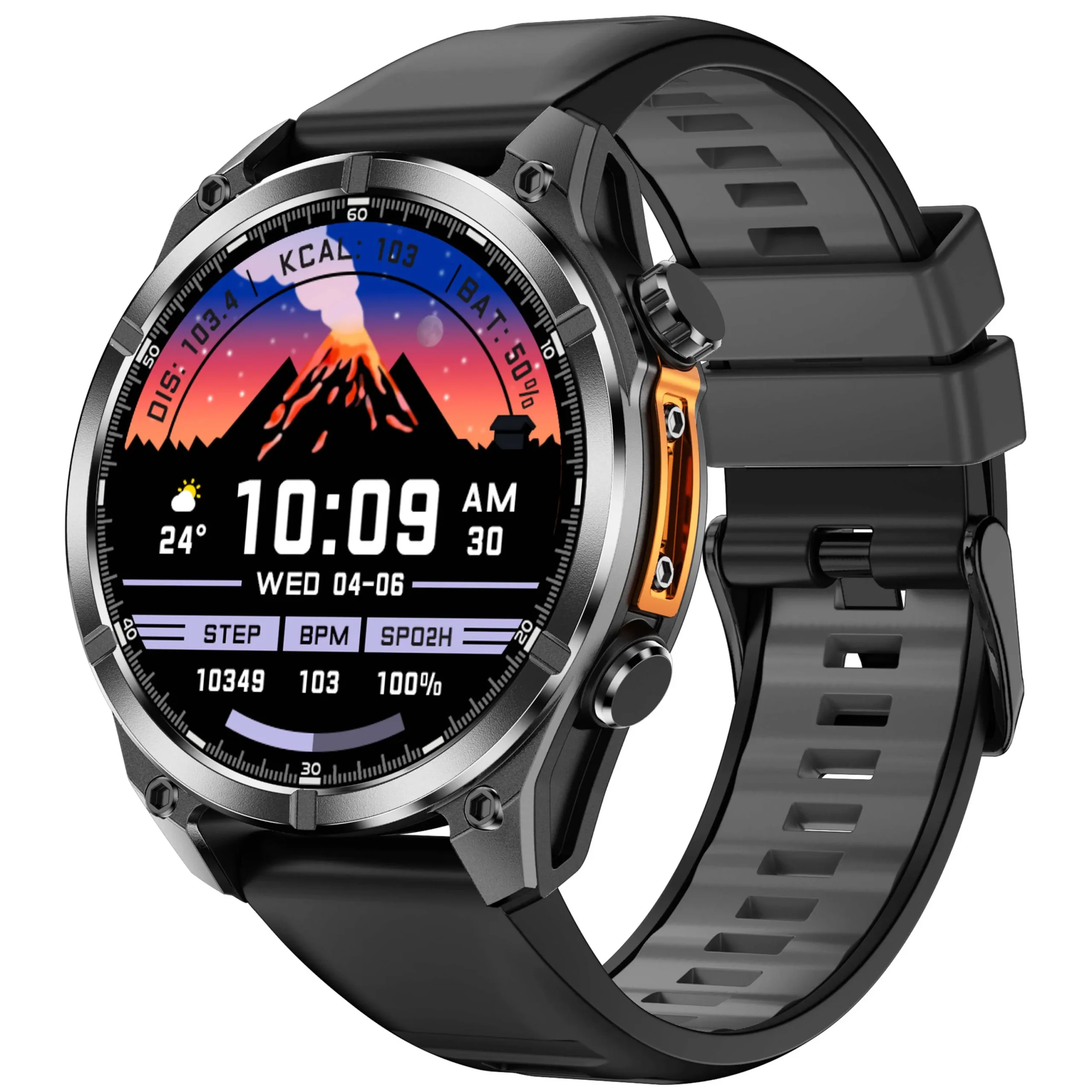 Robuste Smartwatch mit Vulkan-Zifferblatt und Fitnessdaten