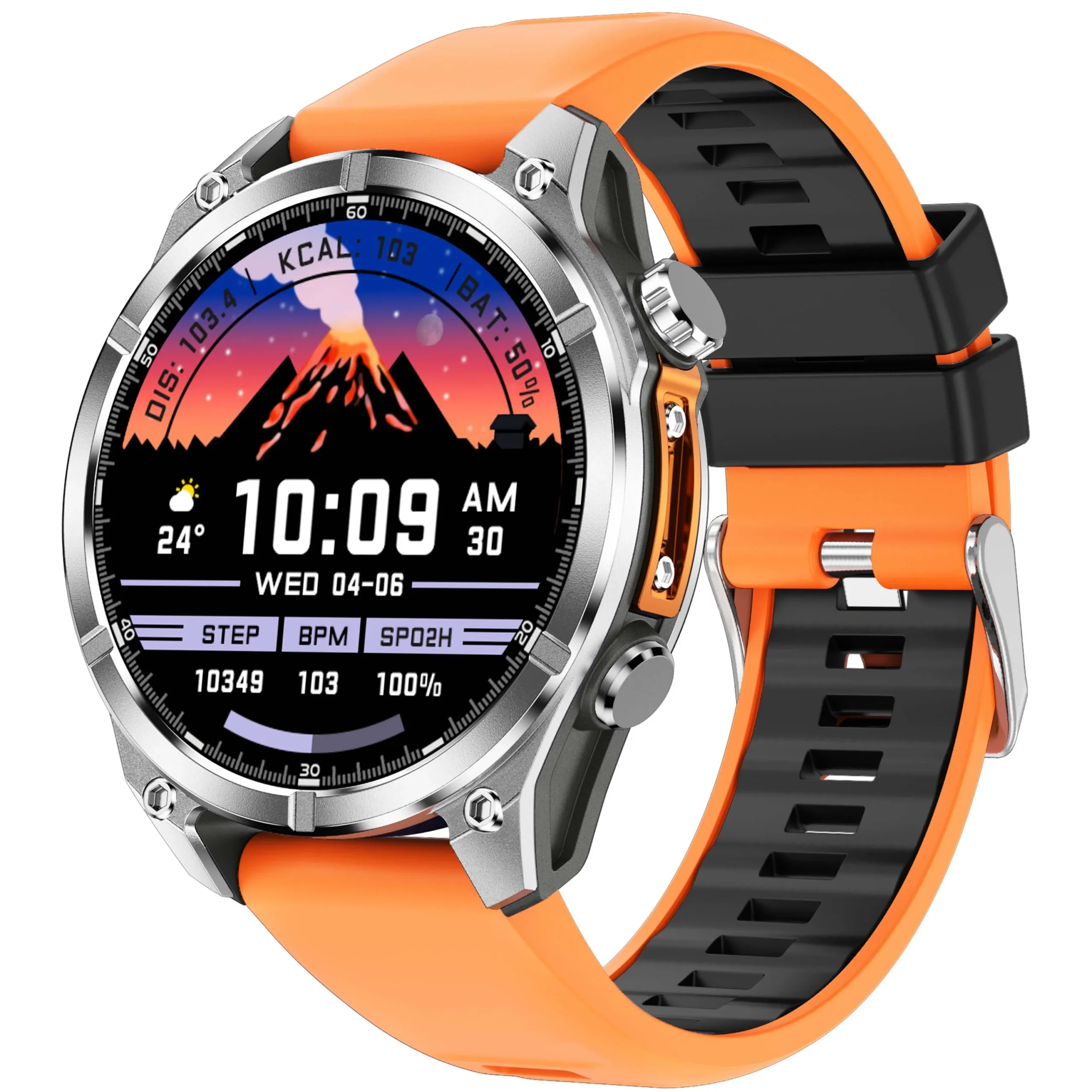 Robuste Smartwatch mit orangefarbenem Armband und Vulkan-Display