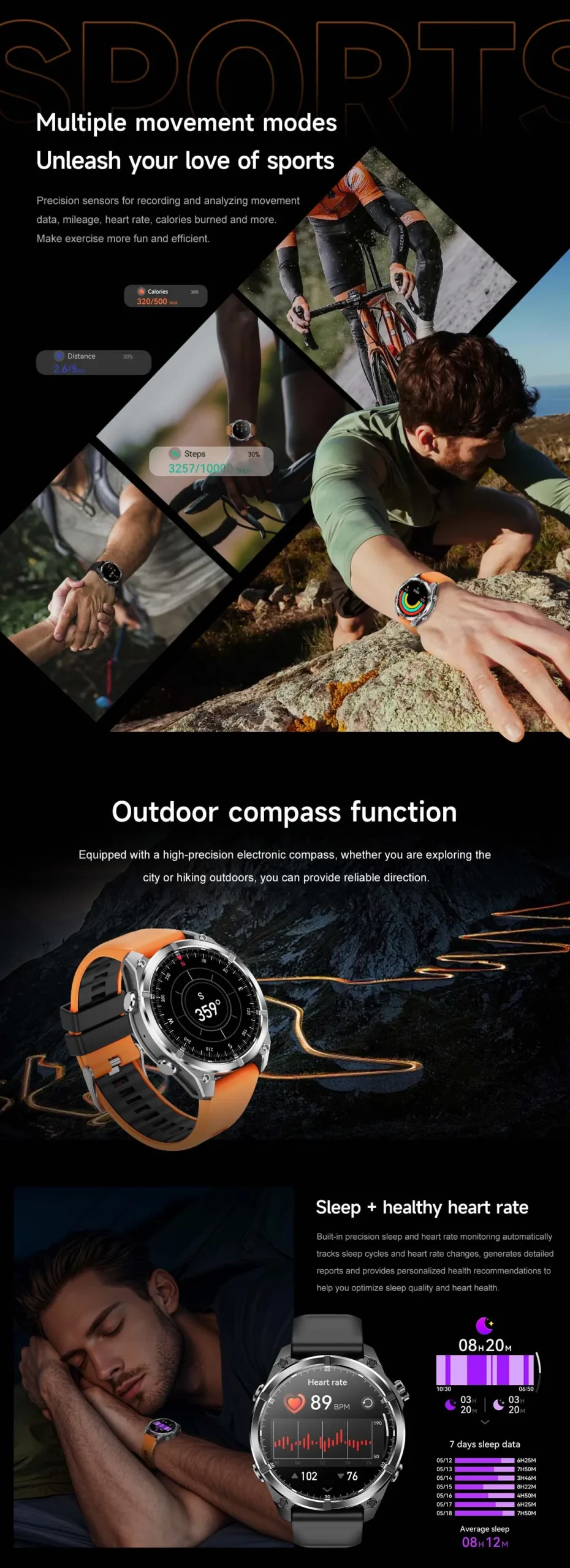 Smartwatch mit Sportmodi, Kompass und Schlaftracking
