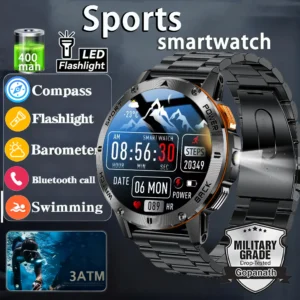 Robuste Sport-Smartwatch mit Metallarmband und LED-Taschenlampe
