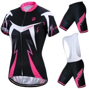 Schwarz-pinkes Damen-Radtrikot mit Radhose