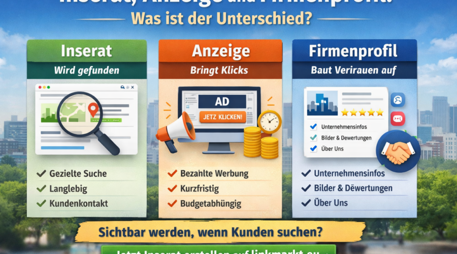 Unterschied zwischen Inserat, Anzeige und Firmenprofil?