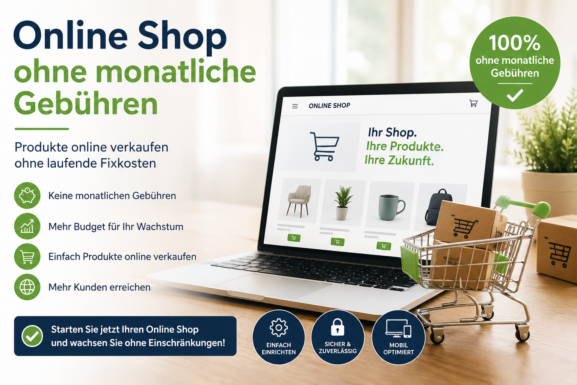 Online Shop ohne monatliche Gebühren auf einem Laptop mit Warenkorb und Produkten für den erfolgreichen Online-Verkauf.