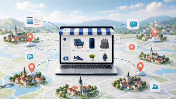 Produkte aus einem Onlineshop mit lokalen Anzeigen in verschiedenen Städten bewerben