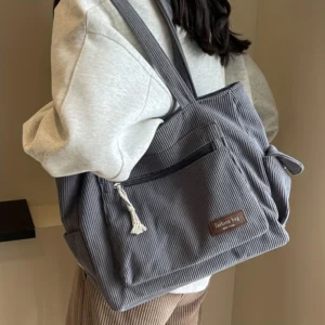 Cord-Tote-Bag mit mehreren Fächern – Retro-Schultertasche für Alltag, Arbeit und Shopping.