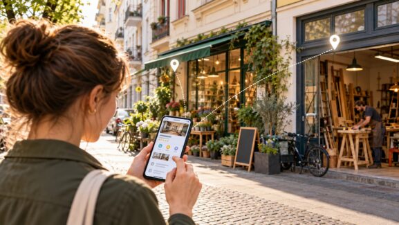 Frau entdeckt lokale Geschäfte und einen Handwerksbetrieb über einen Firmeneintrag auf dem Smartphone