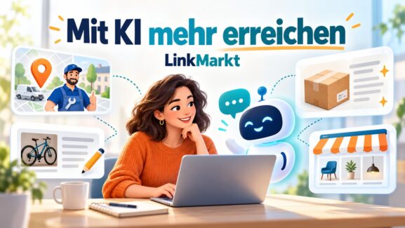 Illustration einer Frau am Laptop mit einem KI-Assistenten und Symbolen für lokale Dienstleistungen, Anzeigen, Produkte und einen Onlineshop auf LinkMarkt.