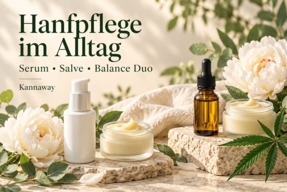 Illustration von Serum, Pflegebalsam und Öl mit weißen Pfingstrosen und Hanfblättern zum Thema Kannaway Hanfpflege.