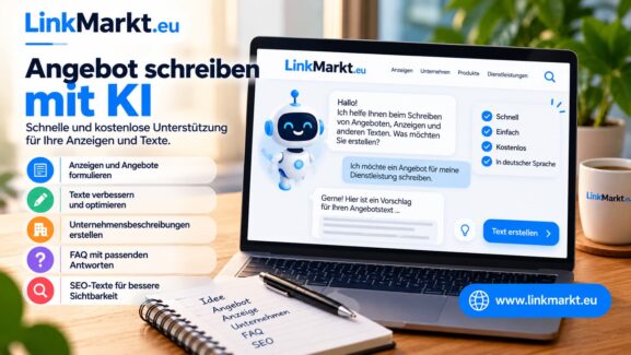 Laptop mit KI-Chat von LinkMarkt.eu zur Unterstützung beim Schreiben von Angeboten und Anzeigen.