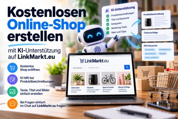 Kostenlosen Online-Shop auf LinkMarkt.eu erstellen – KI-Unterstützung für Produktbeschreibungen, Shop-Texte und Hilfe im Chat.