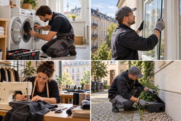 Lokale Dienstleistungen in Berlin: Hausgerätereparatur, Glaserei, Schneiderei und Schädlingsbekämpfung.