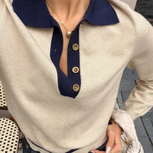 Damen-Strickpullover mit Polokragen und Farbblock-Design
