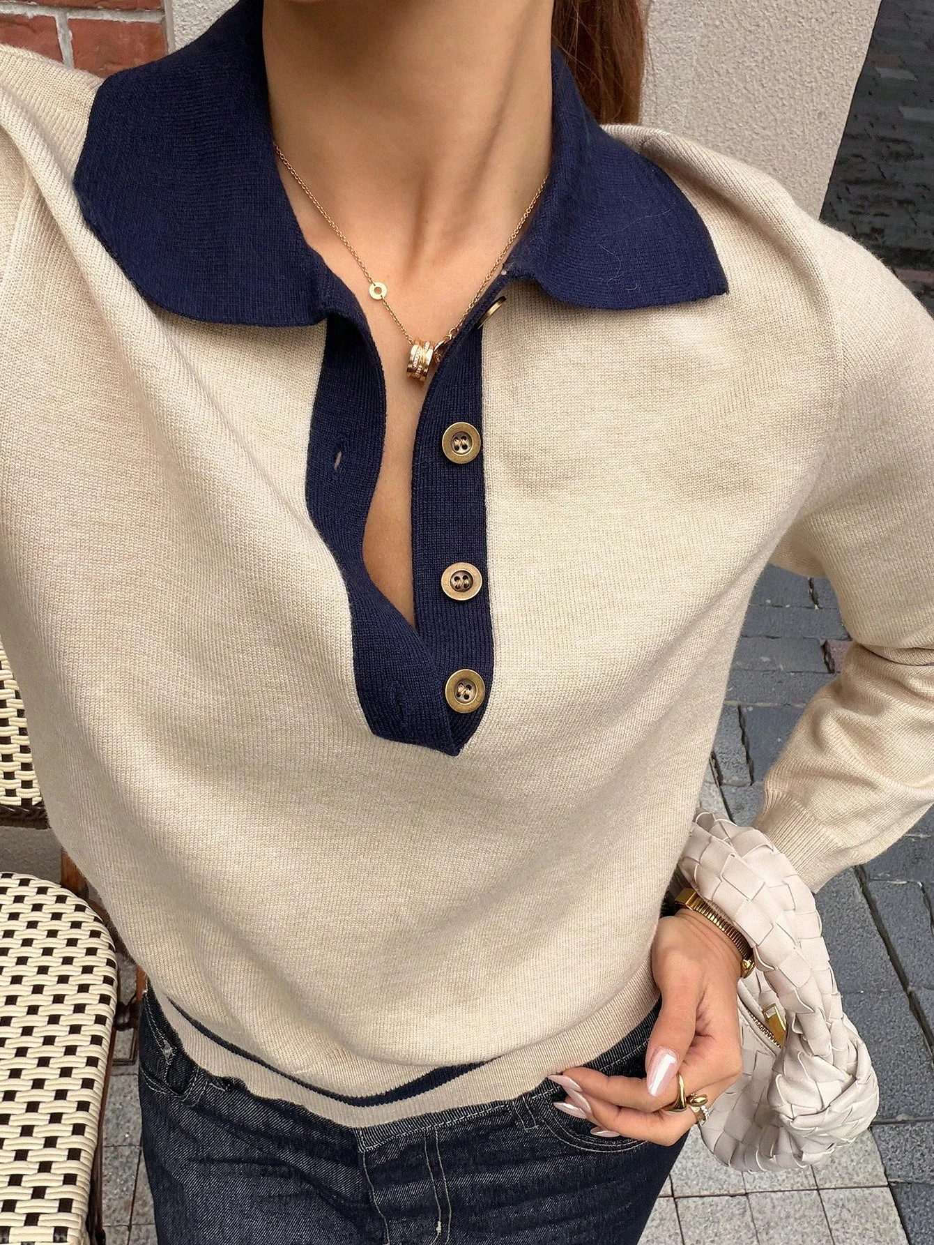 Damen-Strickpullover mit Polokragen und Farbblock-Design