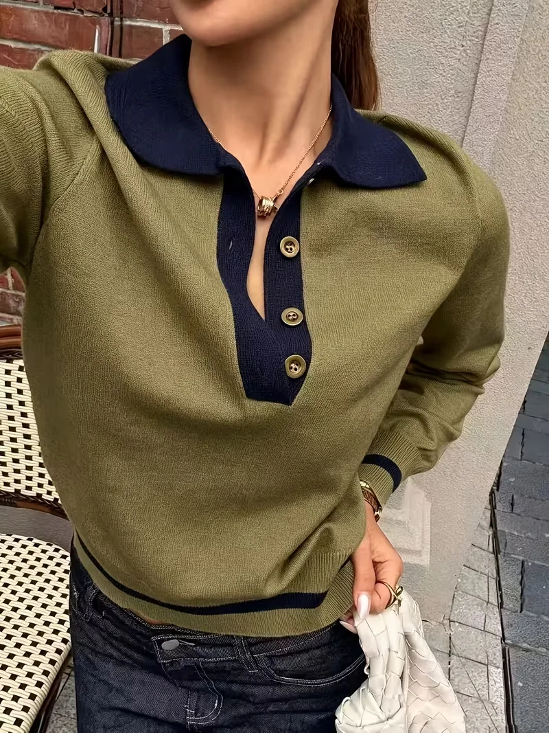 Damen-Strickpullover mit Polokragen und Farbblock-Design – Bild 6