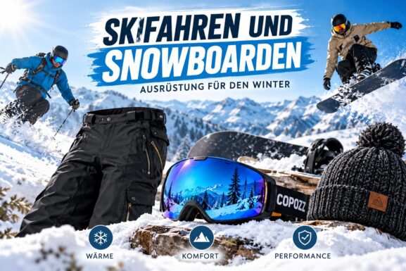 Skifahren und Snowboarden im Winter mit Skihose, Skibrille und warmer Wintermütze vor verschneiten Bergen.