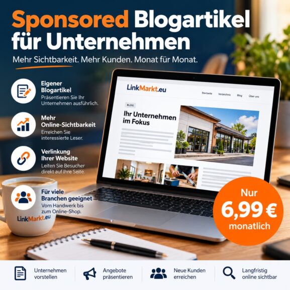 Sponsored Blogartikel für Unternehmen auf LinkMarkt.eu – Firmenpräsentation mit Website-Verlinkung für 6,99 € monatlich.