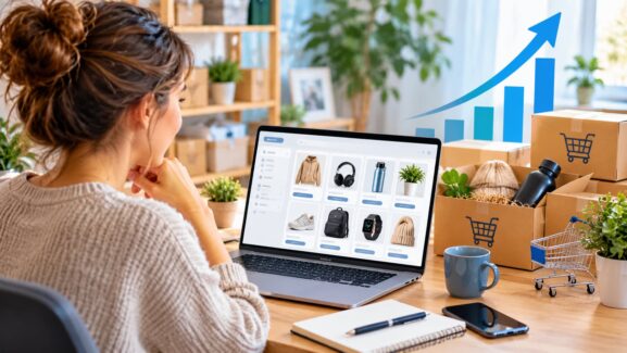 Frau betreibt einen Onlineshop am Laptop und verkauft Produkte ohne monatliche Shopgebühren.