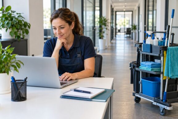 Unternehmerin einer Reinigungsfirma am Laptop neben einem Reinigungswagen im Büro